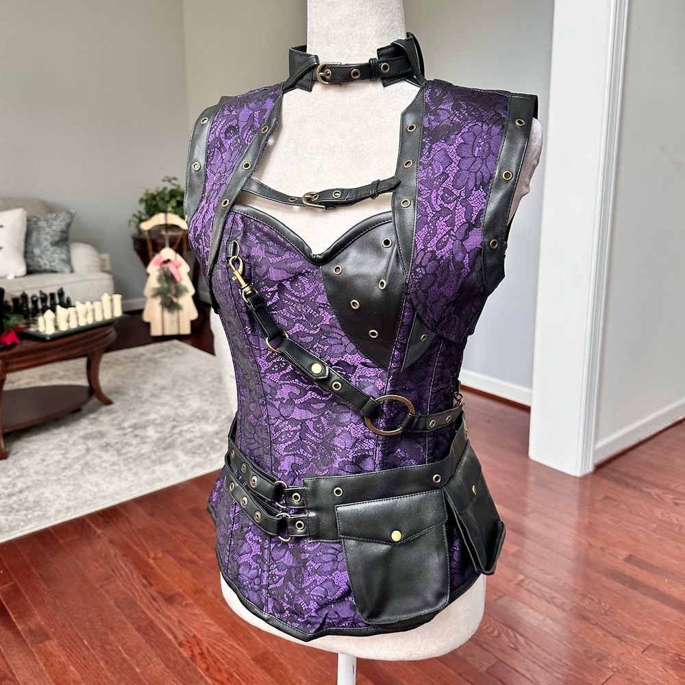 Charmian Steel Boned Purple Black Corset Top and Cover Up Matching Set Large